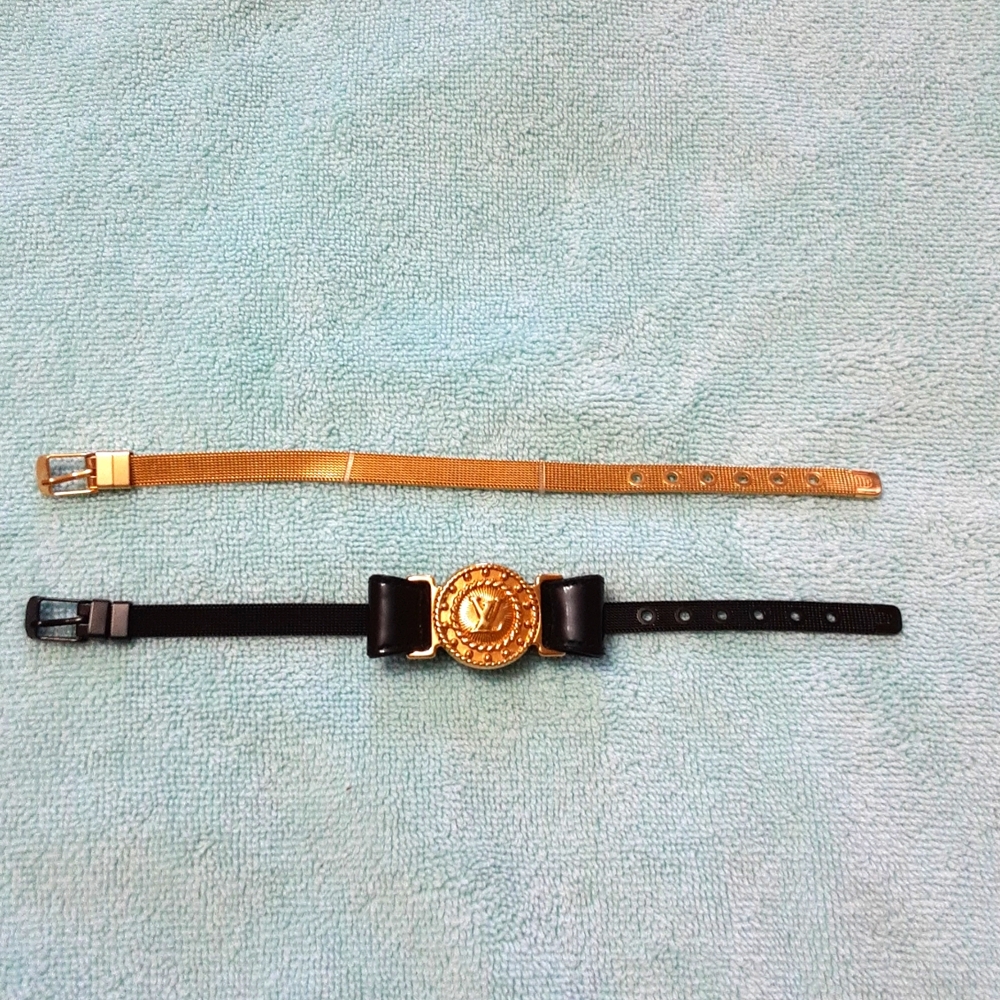 Versace-Inspired Black Leather Bracelet with Gold Medallion & Gold Mesh Strap